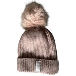 GUESS Faux Fur Pom Knit Beanie, Lined Winter Hat, OS, Pink NWOT